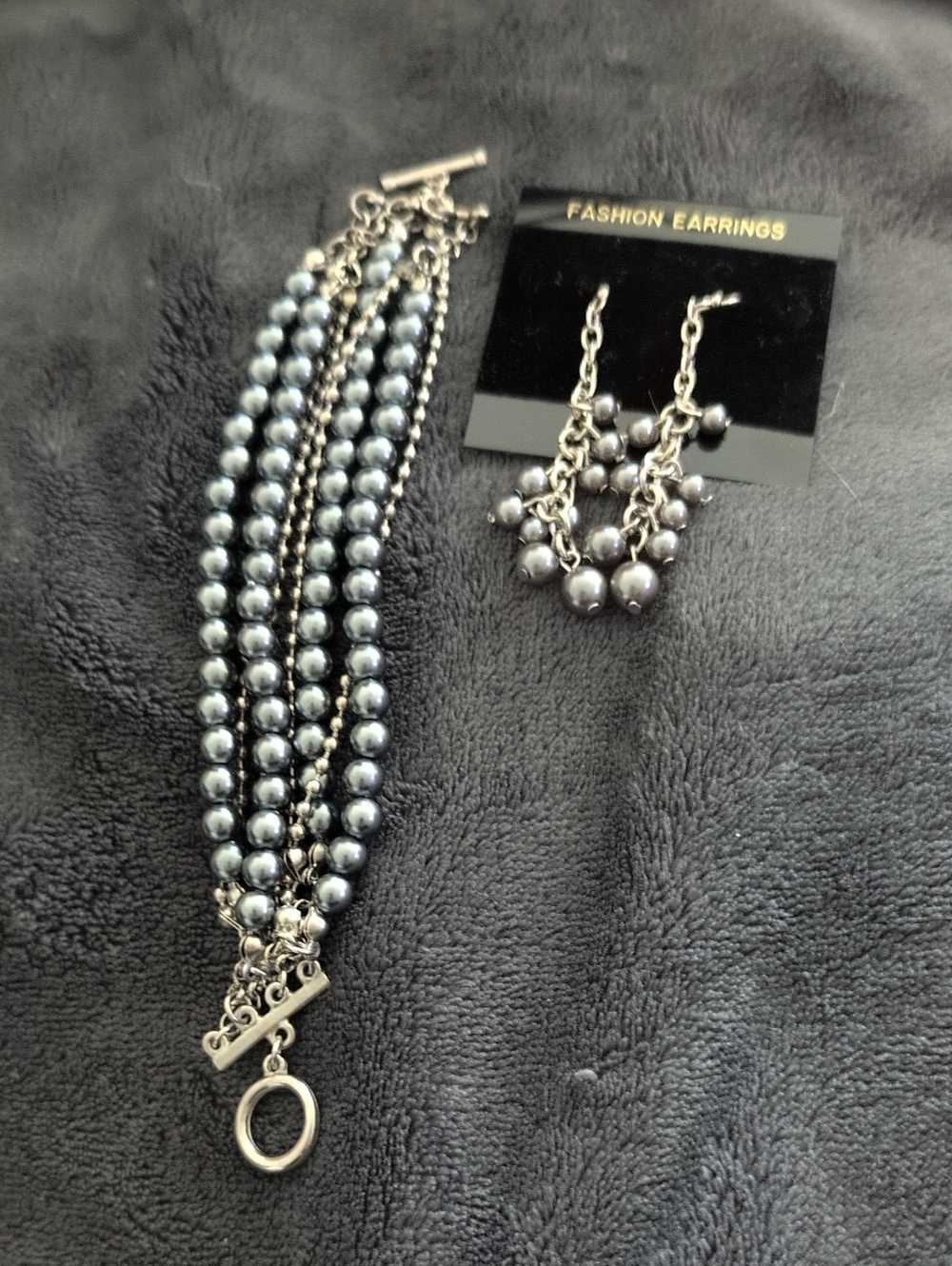 Multi-Strand Blue Bead Bracelet with Silver Chains And Matching Earrings Set